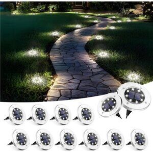 12 Pack Solar Ground Lights Outdoor, Waterproof 8 LED Solar Powered Disk Lights